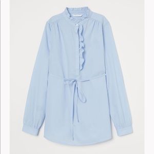 H&M MAMA Maternity Tunic Blouse, Oxford Blue, Ruffle Collar, Size S, NWT, Work